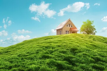 Fototapeta premium A panoramic view of a conceptual green home on a lush, grassy hilltop under a bright blue sky