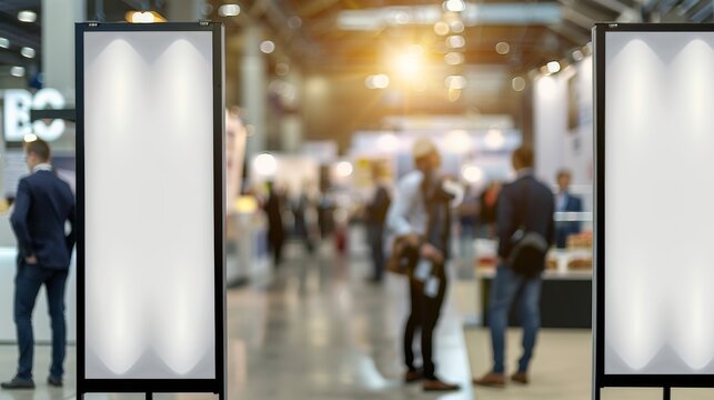 Two blank vertical billboards stand in focus at a busy exhibition hall with attendees and booths