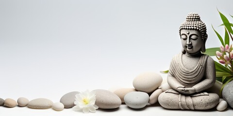 Buddha Statue with Stones and Flower on White Background