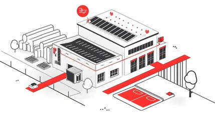 Eco Friendly Modern Factory with Rooftop Solar Panels and Sustainable Architecture