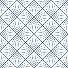 Seamless geometric pattern from lines and dots. Vector decorative square diagonal ornament. Blue pattern on white background. Strict monochrome design. Mosaic tile background for design project.