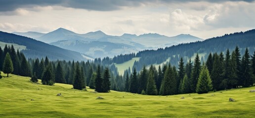 Scenic landscape with green hills and distant mountains
