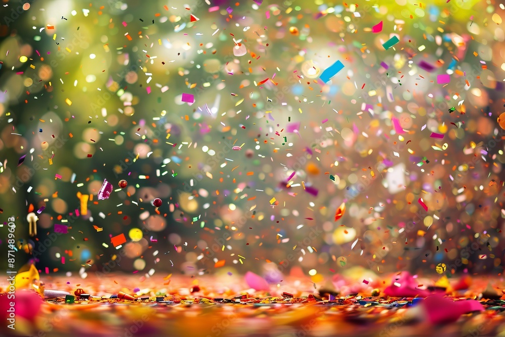 Poster a vibrant and dynamic photo capturing a flurry of colorful confetti falling against a blurred backgr