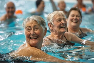 Fototapeta premium A vibrant group portrait of active seniors enjoying a swim session at an indoor pool, showcasing their wellness and vitality