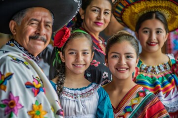 A close-up portrait of a Hispanic family, showcasing their vibrant traditional attire and warm smiles