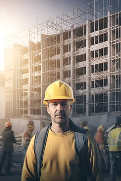 Constructor o capataz de obra frente a un edificio en construcci&oacute;n, gesti&oacute;n de proyectos en el desarrollo urbano. Para campa&ntilde;as de publicidad en construcci&oacute;n, infraestructura y seguridad laboral.