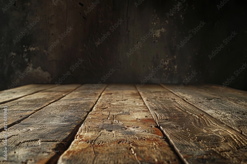 Poster a wide-angle view of an empty vintage wooden table in a dimly lit room. the tables surface is in foc
