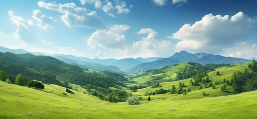 Obraz premium A breathtaking panoramic view of lush green hills and valleys under a partly cloudy sky, with distant mountains on the horizon.