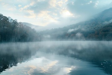A breathtaking wide-angle photograph showcasing a tranquil mountain lake veiled in morning mist. The serene scene captures the beauty of nature at its most peaceful