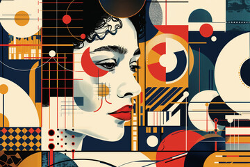 A retro-futuristic vector illustration of an abstract female portrait in the style of Kandinsky and in the style of Bauhaus,