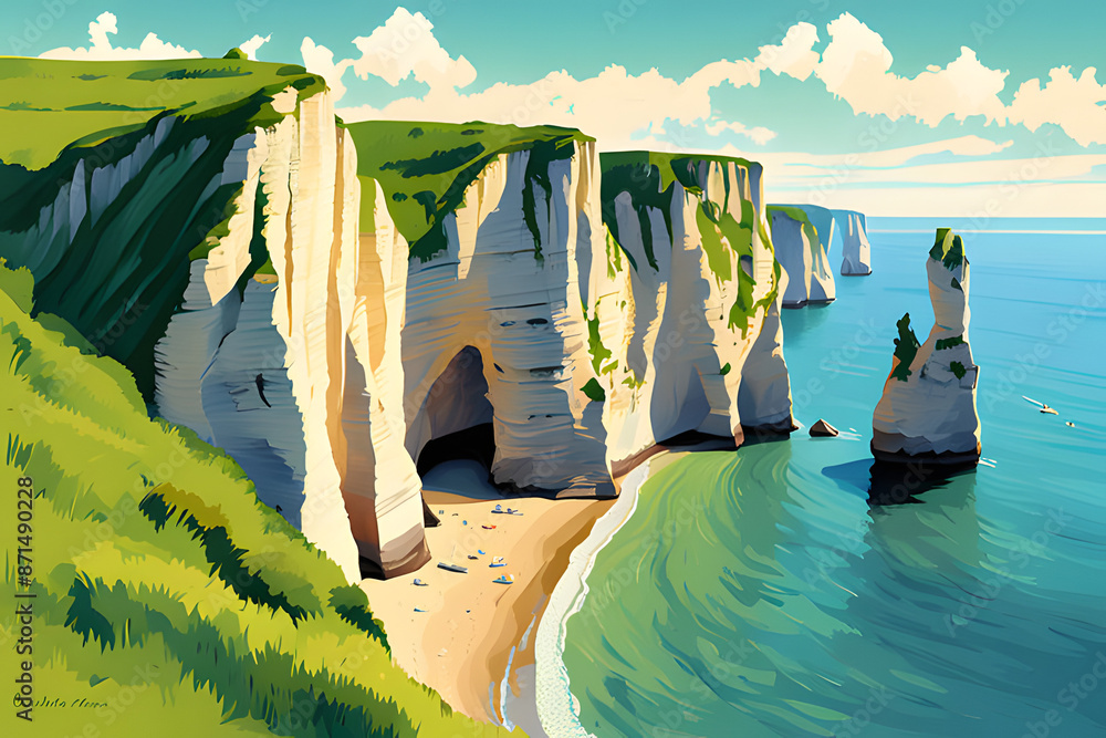 Wall mural sunlight bathes the étretat cliffs in a warm golden glow, highlighting their towering presence again