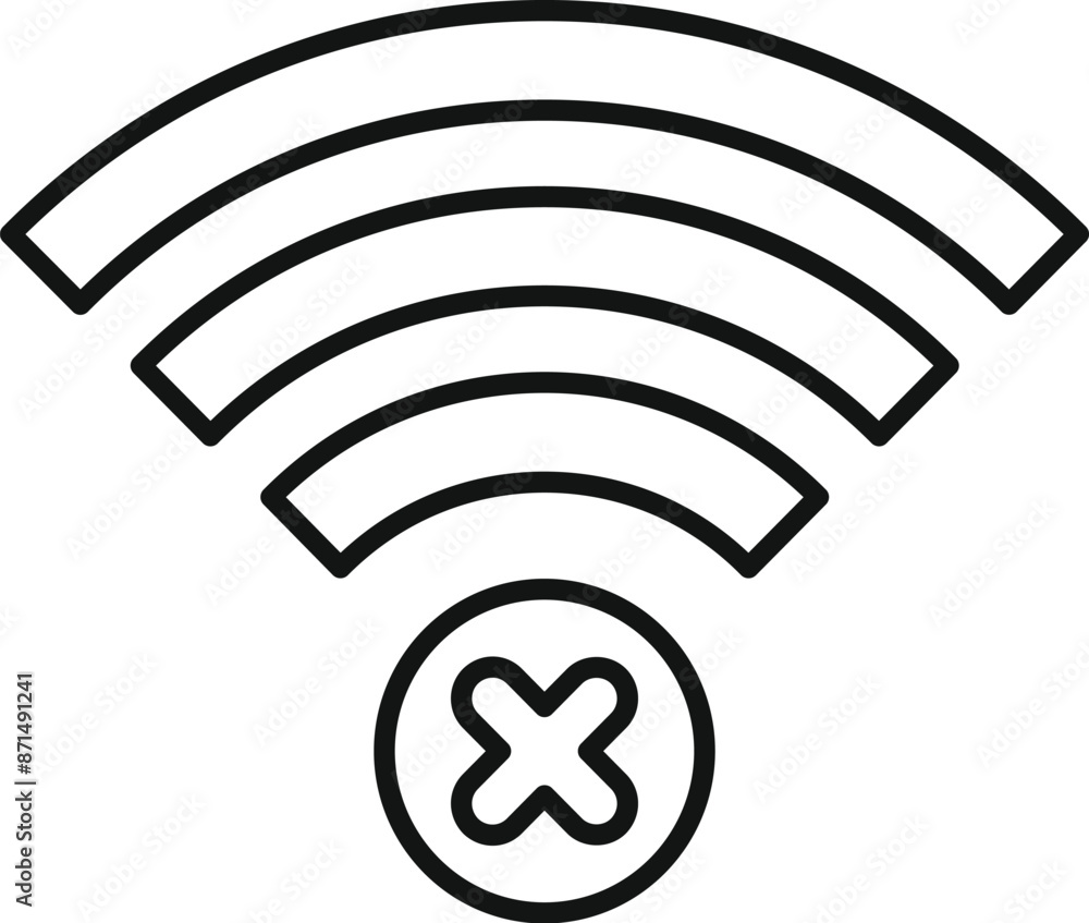 Poster simple line icon representing lack of internet connection, showing a wifi symbol with a cross over i