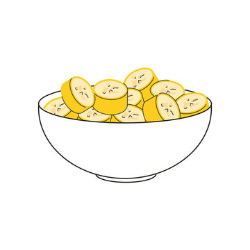recommend clip art: Chopped banana pieces in peel in outlined bowl. Heap of banana slices in doodle hand drawn style