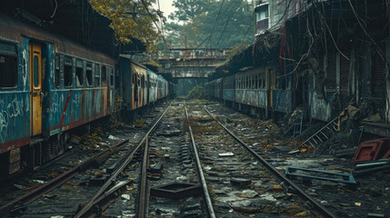 Post apocalyptic background image of desert city wasteland with abandoned and destroyed buildings, cracked road and sign