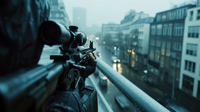 A sniper rifles with an optical sight in man`s hands,