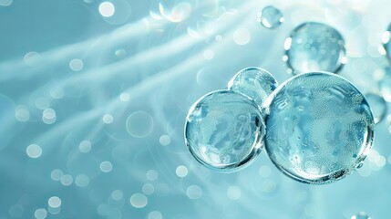 Blue water bubbles of different sizes, floating in air, with reflections on a pale blue background with soft light beams