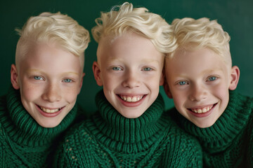 Three albino brothers. Triplets on green background in green turtlenecks