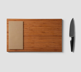 Cutting board with knife. Isolated on white Top view