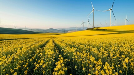 A vast field of yellow rapeseed flowers stretches out under a clear blue sky, punctuated by the graceful blades of wind turbines in the distance