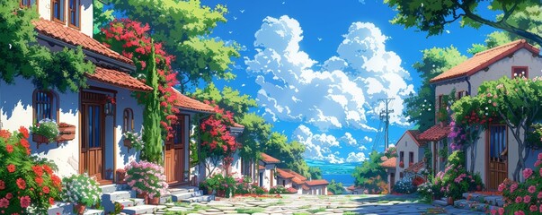 Fototapeta premium 花と木がある美しいギリシャの村の通り