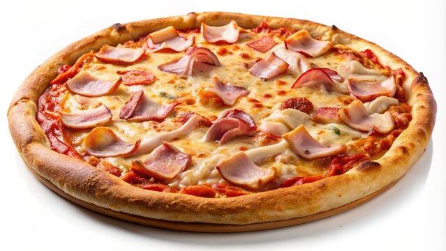 A Delicious Pizza With Ham And Cheese.