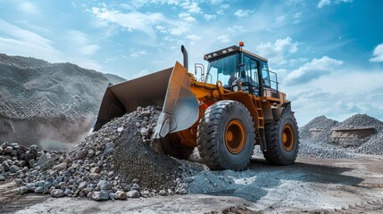 A yellow wheel loader moves gravel at a construction site. Blue skies and clouds form the backdrop