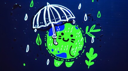 Cute Green Mascot Holding Umbrella Under Rainy Sky with Nature Elements