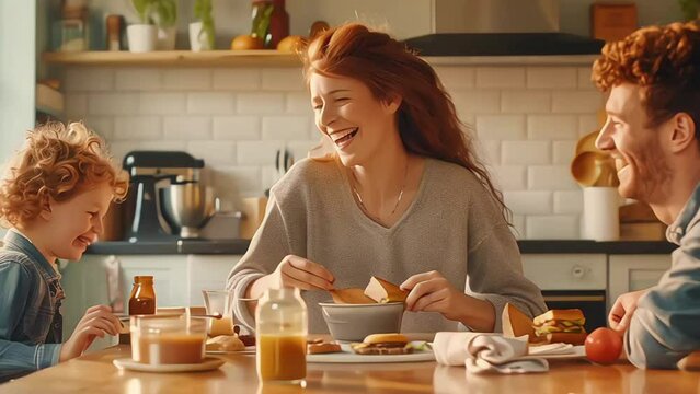 Young Caucasian family having breakfast together in the morning in the kitchen at home