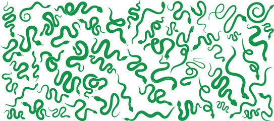 Green snake vector illustration shows various snake shapes, reptile vector design, nature, wildlife, serpentine, wavy, decorative, eco friendly animal silhouette