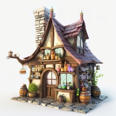 Fototapeta premium 3D Render, Low Poly style of a village apothecary with potion bottles, on isolated white background, Generative AI