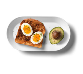toast Sandwich with avocado seeds and eggs on the plate   on a white background. top view