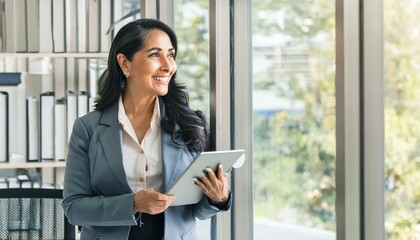 Smiling mature professional business woman bank manager, older happy female executive or lady entrepreneur holding digital tablet pad standing in office at work, looking away at copy
