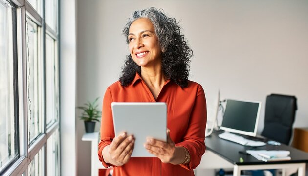 Smiling mature professional business woman bank manager, older happy female executive or lady entrepreneur holding digital tablet pad standing in office at work, looking away at copy