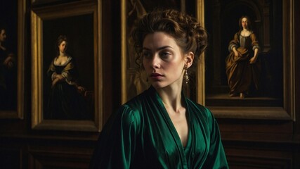  portrait of an adult woman looking at museum paintings in an old museum art gallery