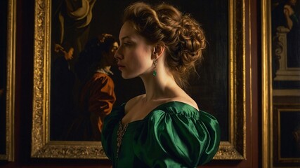  portrait of an adult woman looking at museum paintings in an old museum art gallery