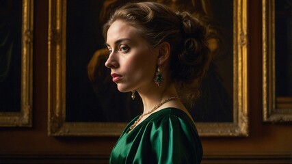  portrait of an adult woman looking at museum paintings in an old museum art gallery