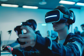 Person enjoying VR game in a tech-savvy environment.