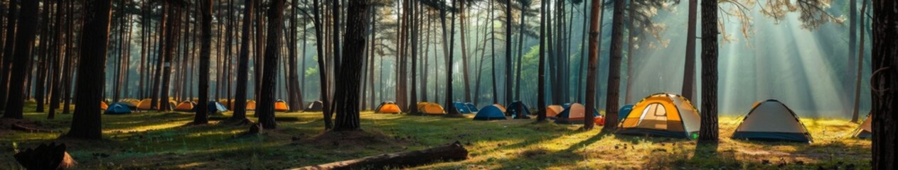 Summer Camping in Paradise Forest at Sunset with Clouds, Ideal for Outdoor Activities, Company Retreats, and Retirement, High-Quality Nature Wallpaper, AI-Generated