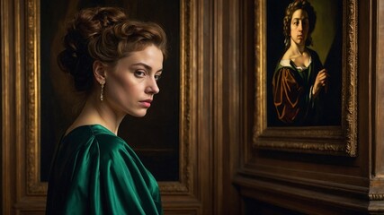  portrait of an adult woman looking at museum paintings in an old museum art gallery