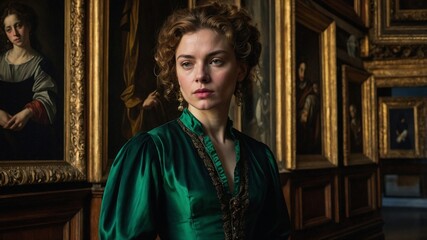  portrait of an adult woman looking at museum paintings in an old museum art gallery