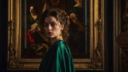  portrait of an adult woman looking at museum paintings in an old museum art gallery