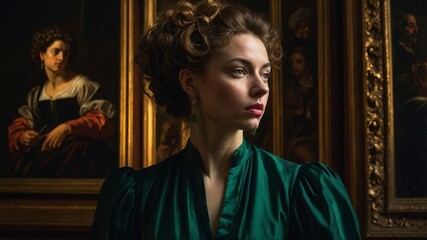  portrait of an adult woman looking at museum paintings in an old museum art gallery