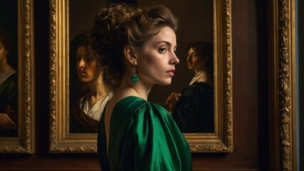  portrait of an adult woman looking at museum paintings in an old museum art gallery