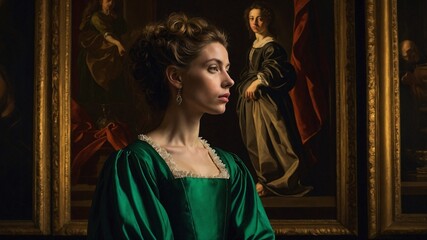  portrait of an adult woman looking at museum paintings in an old museum art gallery