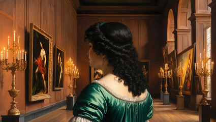  portrait of an adult woman looking at museum paintings in an old museum art gallery