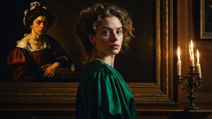  portrait of an adult woman looking at museum paintings in an old museum art gallery