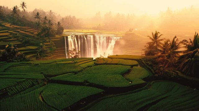 Aerial view. Rice terraces on sunset and gaint waterfall. Jungle near Aling Aling waterfall, Bali, Indonesia