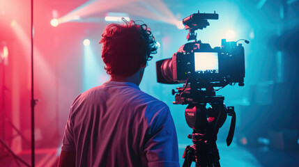 Professional cameraman - covering on event with a video, cameraman silhouette on live studio news