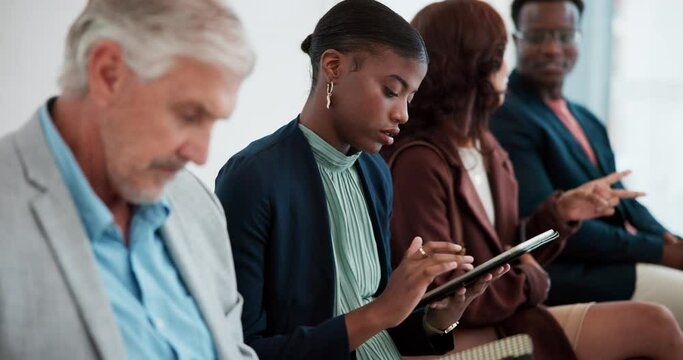 Waiting, recruitment and business people in office with vacancy for career growth in queue. Cv, line and hiring candidates with file and technology preparing for interview meeting in workplace.