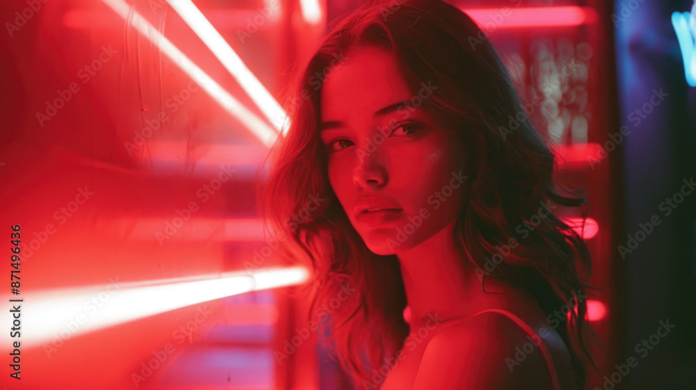 Wall mural Cinematic night portrait of girl and neon lights